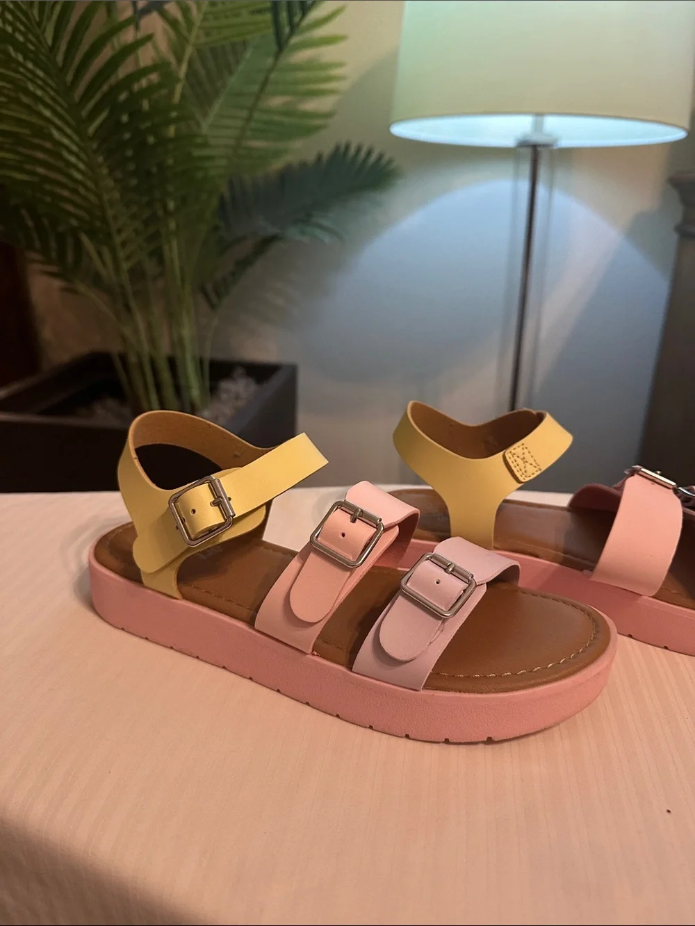 Girls' Pastel Buckle Sandals - Pink & Yellow